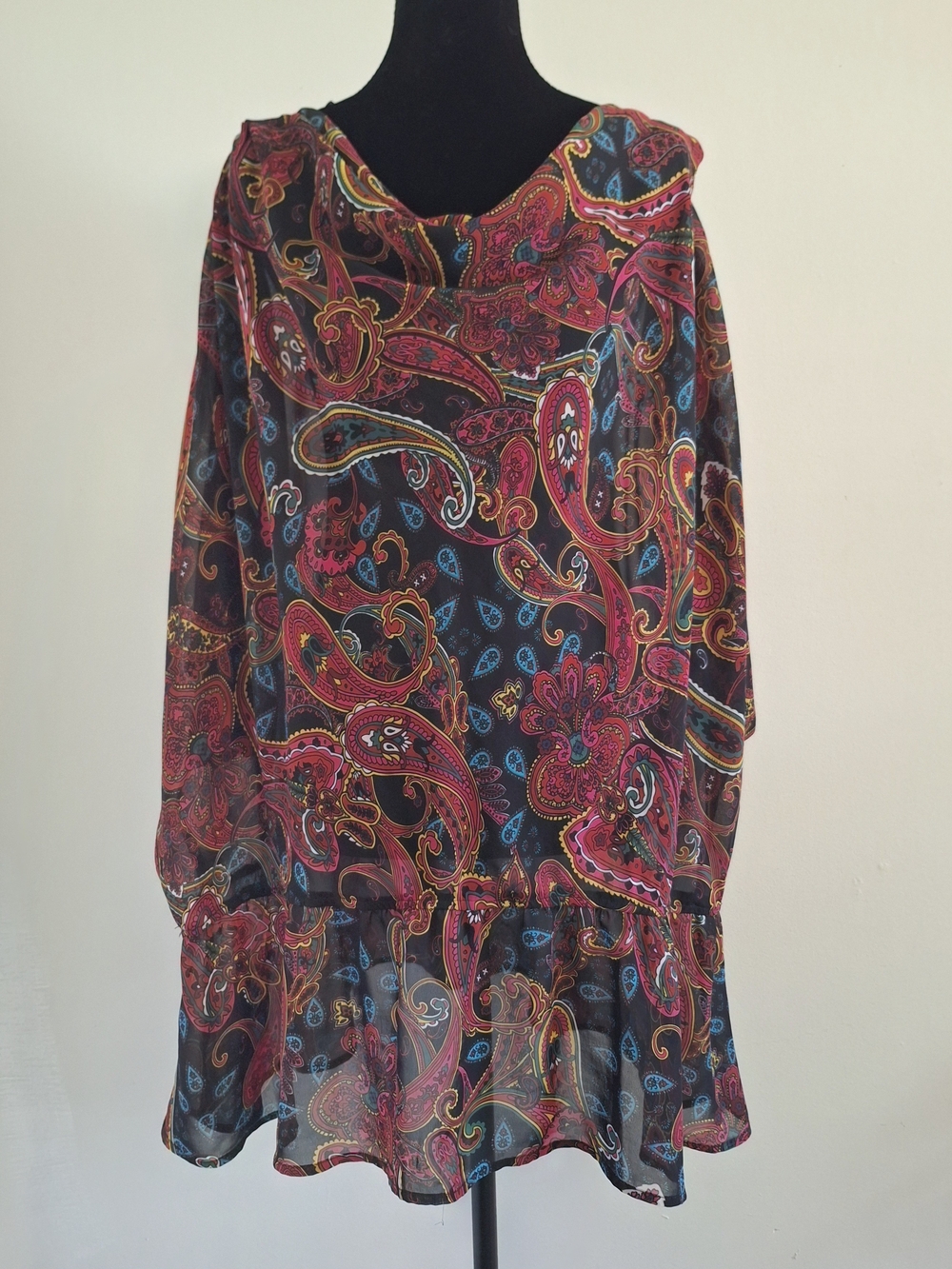 Lane Bryant Black Paisley Sheer Blouse with Red and Blue Accents